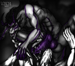 abs anal anal_penetration anthro balls biceps big_penis black_hair bodily_fluids breath claws cum cum_drip cum_inside cum_on_penis dripping duo ejaculation erection feral fur fur_markings genital_fluids genitals glowing hair hand_holding horn knot male male/male markings muscular muscular_anthro muscular_male nude pecs penetration penis pinned purple_body purple_skin questionable_consent restrained rough_sex sex simple_background spreading tattoo teasing teeth vein white_body loxchi third-party_edit mythology lukro rashouru canid canine canis domestic_dog dragon hybrid mammal mythological_creature mythological_scalie reptile scalie censor_removal_edit