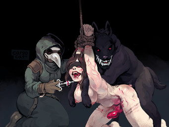 animal_genitalia animal_penis areola bdsm bestiality blindfold blood bodily_fluids bondage bound bovid_horn breasts canine_genitalia canine_penis caprine_horn clothing corruption erection female feral forced from_behind_position genitals goat_horn group gynomorph gynomorph/male horn human_on_feral injection intersex intersex/male interspecies knot male mind_control mounting nipples nude penis plague_doctor rape sex sharp_teeth teeth transformation transformation_through_sex vaginal cargocat darkest_dungeon plague_doctor_(darkest_dungeon) canid canine canis human mammal wolf 4:3