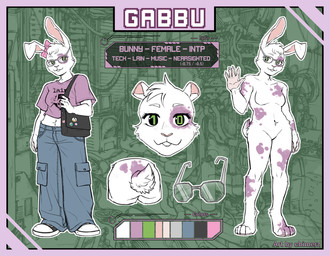 accessory anthro baggy_jeans biped bottomwear breasts buckteeth close-up clothed clothing color_swatch eyelashes eyewear featureless_breasts featureless_crotch feet female footwear front_view fur glasses green_background green_eyes hair_accessory hindpaw looking_at_viewer markings multicolored_body multicolored_fur navel nerd oversized_bottomwear oversized_clothing oversized_pants pants paws pink_inner_ear purple_body purple_clothing purple_fur purple_markings purple_spots rear_view rectangular_glasses scut_tail short_tail simple_background smile solo spots tail technology teeth text topwear two_tone_body two_tone_fur white_body white_fur chimerz domestic_rabbit lagomorph leporid mammal oryctolagus rabbit character_name clip_studio_paint_(artwork) digital_drawing_(artwork) digital_media_(artwork) english_text flat_colors hi_res model_sheet multiple_images portrait signature