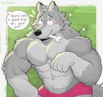 abs anthro blush bone clothing fur good_boy grey_body grey_fur heart_symbol male muscular muscular_anthro muscular_male nipples pecs solo text underwear ruffusbleu ruffus_(ruffusbleu) canid canine canis mammal wolf english_text hi_res