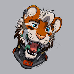 anthro bdsm beard blue_eyes bondage bound brown_beard brown_body brown_facial_hair brown_fur collar dental_gag facial_hair fur gag grey_background hair male metal_collar monotone_background open_mouth open_mouth_gag orange_body orange_ears orange_fur pink_snout pink_tongue posture_collar round_ears simple_background solo teeth tongue whiskers white_body white_fur white_hair white_inner_ear kemira kzin felid mammal pantherine tiger 1:1 2025 detailed headshot_portrait hi_res icon portrait signature