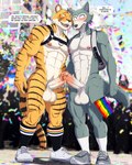 abs accessory anthro areola balls big_balls big_penis blush bodily_fluids clothing cock_ring confetti dialogue dripping duo embarrassed erection footwear foreskin fur genital_fluids genitals hand_holding harness humanoid_genitalia humanoid_penis jewelry lgbt_pride male male/male muscular muscular_male nipple_piercing nipples open_mouth pecs penis penis_accessory penis_jewelry piercing precum precum_drip pride_colors pride_parade public public_nudity rainbow_flag rainbow_pride_flag rainbow_symbol shoes smile sneakers socks striped_body striped_fur stripes sweat teeth dream_and_nightmare beastars lgbt_pride_month bill_(beastars) legoshi_(beastars) bengal_tiger canid canine canis felid mammal northwestern_wolf pantherine tiger wolf 2025 4:5 hi_res