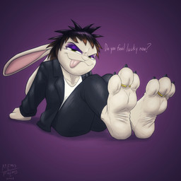 anthro blep bottomwear clothing dialogue digit_ring eyeshadow feet female foot_fetish foot_focus fur green_eyes highlights_(coloring) jacket jewelry leather leather_bottomwear leather_clothing leather_jacket leather_pants leather_topwear makeup naughty_face pants purple_background ring shirt simple_background soles solo toe_ring toes tongue tongue_out topwear white_body white_clothing white_fur white_shirt white_topwear wrinkled_feet wrinkles a9ymus stephanie_(a9ymus) lagomorph leporid mammal rabbit 1:1 absurd_res hi_res