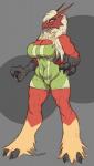 anthro big_breasts blue_eyes breasts cleavage clothed clothing female grey_background muscular muscular_anthro muscular_female non-mammal_breasts simple_background smile solo wide_hips robotjoe nintendo pokemon avian bird blaziken generation_3_pokemon pokemon_(species) 2017 hi_res