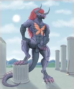 abs anthro balls bodily_fluids broom claws cleaning_tool cloud dripping drooling eye_roll eyebrows foreskin genital_fluids genitals grey_body hair hand_on_leg hand_on_thigh holding_penis horn humanoid_genitalia humanoid_penis imminent_orgasm long_hair looking_at_viewer looking_pleasured male masturbation non-mammal_balls open_mouth outside penis precum precum_drip precum_on_foot precum_on_ground precum_string purple_claws raised_leg red_hair saliva saliva_string scales serratus simple_background smile smirk solo spikes standing sun tail thick_eyebrows tongue tongue_out yellow_eyes kammuraqi bushiroad future_card_buddyfight mythology demon_lord_dragon_batzz demon dragon mythological_creature mythological_scalie scalie wingless_dragon hi_res