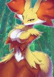 anthro areola areola_slip breasts detailed_background female fur navel pink_areola red_body red_fur solo yellow_body yellow_fur kicktyan nintendo pokemon canid canine delphox generation_6_pokemon mammal pokemon_(species) 2020