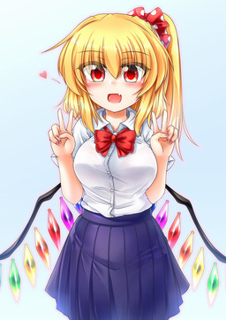5_fingers :d blonde_hair blush bottomwear bow_(feature) bow_tie bra bra_through_clothing breasts clothed clothing crystal double_v_sign fangs female fingers fully_clothed gesture hair hand_gesture medium_breasts not_furry open_mouth ponytail pupils red_eyes shirt skirt slit_pupils smile solo teeth tongue topwear translucent translucent_clothing translucent_hair underwear unusual_anatomy unusual_wings v_sign white_body white_skin wings m9kndi touhou flandre_scarlet humanoid vampire hi_res