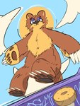 2023 ambiguous_gender anthro bear brown_body brown_fur brown_pawpads claws demicryptid finger_claws fur grey_pawpads half-closed_eyes hi_res kickflip looking_at_viewer low-angle_view mammal narrowed_eyes nude pawpads paws purple_eyelids short_tail skateboard sky solo solo_focus sun tail toe_claws toony vehicle yellow_body yellow_fur