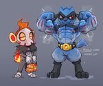6:5 abs anthro belt big_biceps big_muscles bodily_fluids candy chimchar cosplay dessert duo duskull english_text eyes_closed fire flexing flexing_bicep flexing_both_biceps food fruit generation_1_pokemon generation_3_pokemon generation_4_pokemon grey_background growth halloween hi_res holidays machoke male muscle_growth muscular muscular_male musk nintendo pecs plant pokemon pokemon_(species) pumpkin red_eyes riolu simple_background standing sweat text waddledox