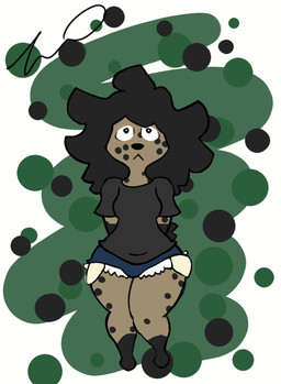 abstract_background anthro bottomwear breasts chibi clothing denim denim_bottomwear denim_clothing denim_shorts female fur markings shorts small_breasts solo spots spotted_body spotted_fur standing wide_hips zhid13arts zhiddy_widdy_(zhid13arts) hyena mammal