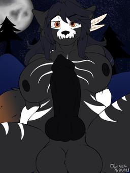 animal_genitalia animal_penis anthro balls big_balls big_breasts big_penis black_body black_fur black_nose bone breasts canine_genitalia canine_penis fur genitals gynomorph holidays intersex knot knotted_penis markings night nipples orange_eyes penis skeleton smug smug_face smug_grin solo striped_body striped_markings stripes azaelbruh halloween canid canine mammal 3:4 hi_res
