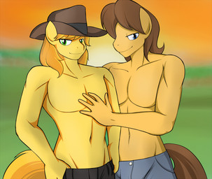 anthro anthrofied blue_eyes brown_hair clothed clothing cowboy_hat duo fur green_eyes hair hat headgear headwear looking_at_viewer male male/male orange_hair outside partially_clothed sun sunset tail topless yellow_body yellow_fur marik_azemus34 friendship_is_magic hasbro my_little_pony braeburn_(mlp) caramel_(mlp) earth_pony equid equine horse mammal pony 2013