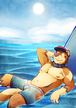 anthro armpit_tuft biceps blue_clothing blue_collar blue_hat blue_headwear blue_swimming_trunks blue_swimwear body_hair bottomwear brown_body brown_fur brown_hair canine_teeth cheek_tuft chest_scar clothing cloud collar facial_tuft fur furgonomics gloves_(marking) hair hand_behind_head happy_trail hat headgear headwear leg_markings looking_at_viewer lying male male_anthro markings navel on_back outside pecs scar sea shirtless_male short_hair shorts sky smile socks_(marking) solo star_(marking) surfboard swimming_trunks swimwear tan_body tan_fur text tuft water whisker_spots whiskers yellow_eyes ventkazemaru otter_(ventkazemaru) mammal mustelid otter 2024 artist_name dated hi_res signature