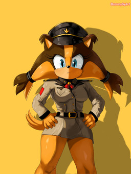 anthro belt blue_eyes breasts brown_body clothing eyelashes female frown hands_on_hips hat headgear headwear looking_at_viewer orange_body peaked_cap solo uniform soranygyart sega sonic_boom sonic_the_hedgehog_(series) sticks_the_jungle_badger badger mammal mustelid musteline 2025 hi_res
