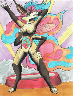 4_arms anthro breasts female genitals multi_arm multi_limb nude solo supernatural vulva nyghtmar3 hellaverse helluva_boss queen_bee-lzebub_(helluva_boss) canid canine demon fox goetia mammal true_fox hi_res traditional_media_(artwork)
