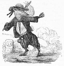 anthro belt_pouch bindle building clothed clothed_anthro clothed_male clothing fully_clothed fully_clothed_anthro fully_clothed_male hat headgear headwear holding_object jacket male outside plant sky solo stick topwear louis_le_breton dictionnaire_infernal canid canine fox mammal 1863 19th_century ancient_art black_and_white hi_res monochrome signature