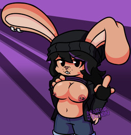 alternative_fashion anthro beanie big_breasts breasts clothing ear_piercing female flashing flashing_breasts gesture goth hand_gesture hat headgear headwear middle_finger nipple_piercing nipples piercing slightly_chubby slightly_chubby_female solo text nardojfuckin vivianne_(ultrajnh) lagomorph mammal artist_name cel_shading digital_drawing_(artwork) digital_media_(artwork) english_text hi_res shaded watermark