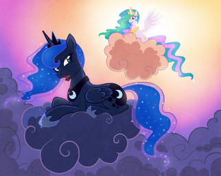 annoyed blue_body blue_eyes blue_fur blue_hair cloud crown cutie_mark duo feathered_wings feathers female feral fur gold_(metal) hair headgear horn jewelry lying moon multicolored_hair necklace open_mouth outside princess quadruped royalty sky smile sparkles sun tail white_body white_fur wings saphamia friendship_is_magic hasbro my_little_pony mythology princess_celestia_(mlp) princess_luna_(mlp) equid equine mammal mythological_creature mythological_equine winged_unicorn 2011