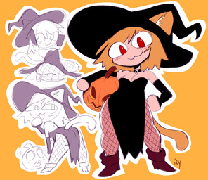 :3 blush blush_stickers boots breasts butt choker cleavage clothed clothing fishnet_clothing fishnet_legwear food footwear fruit hat headgear headwear holding_jack-o'-lantern holidays jack-o'-lantern jewelry kneeling legwear necklace plant pumpkin pupils red_eyes shoes slit_pupils tail witch_costume witch_hat iseenudepeople halloween tsukihime type-moon neco-arc animal_humanoid cat_humanoid felid felid_humanoid feline feline_humanoid humanoid mammal mammal_humanoid neco_spirit tailed_humanoid 2025 hi_res