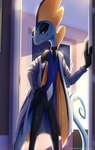 anthro bathrobe bathrobe_only bedroom_eyes blue_body blue_scales clothed clothing fin hand_on_hip head_fin long_tail male narrowed_eyes open_bathrobe open_clothing open_robe robe scales seductive skinny smile solo standing_in_doorway tail yellow_eyes donutella nintendo pokemon rene_(donutella) generation_8_pokemon inteleon pokemon_(species) scalie absurd_res hi_res