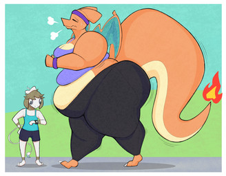 accessory anthro barefoot belly big_butt blue_eyes bodily_fluids bottomwear breasts breath brown_hair butt claws cleavage clock clothed clothing countershade_tail countershade_torso countershading duo eyes_closed feet female fire floppy_ears grass hair headband horn huge_butt jogging larger_female looking_down male membrane_(anatomy) membranous_wings midriff obese orange_body orange_scales outside overweight overweight_anthro overweight_female pants plant scales shirt shorts side_view size_difference sky sleeveless_shirt smaller_male standing sweat tail tail_tuft tank_top thick_tail thick_thighs toe_claws topwear tuft watch wavy_mouth wings wristband wristwatch yoga_pants aimbot-jones mythology nintendo pokemon valentina_(aimbot-jones) charizard dragon generation_1_pokemon generation_2_pokemon mythological_creature mythological_scalie pokemon_(species) scalie smeargle 2021 absurd_res full-length_portrait hi_res portrait