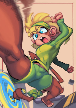 4_toes 5_fingers accessory action_pose anthro barefoot blonde_hair blue_eyes bottomwear bow_ribbon brown_body brown_fur buckteeth clothed clothing feet female fingers fur furgonomics hair kick melee_weapon midriff navel nunchaku pose prehensile_tail ribbons short_hair shorts solo tail tail_accessory tail_bow tail_coil tail_ribbon teeth toes weapon zephyrgales tani_(midrushnic) haplorhine mammal monkey primate 2020 absurd_res hi_res