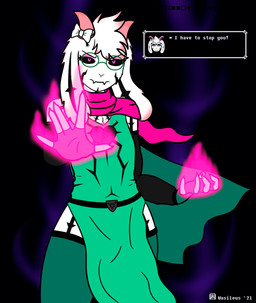 accessory anthro black_sclera bow_(feature) bow_accessory bow_ribbon cape clothed clothing dialogue elemental_manipulation eyewear femboy fire fire_manipulation glasses hair_accessory hair_bow hair_ribbon heart_clothing heart_print heart_symbol magic_user male print_clothing ribbons scarf solo tattoo text text_box wasileus deltarune undertale undertale_(series) ralsei bovid caprine darkner goat mammal absurd_res digital_media_(artwork) english_text hi_res