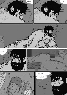 bed detailed_background dialogue fire furniture hairy male muscular nipples nude text husky92 humanoid orc comic english_text hi_res monochrome multiple_scenes