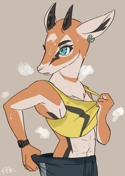 abs anthro biped bodily_fluids bottomwear bottomwear_pull bra breasts breath clock clothing clothing_pull ear_piercing ear_ring female green_eyes muscular muscular_female musk orange_body panting piercing ring_piercing side_boob simple_background solo sports_bra sweat topwear topwear_pull underwear watch white_body el-k antelope bovid mammal absurd_res hi_res signature