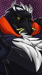 anthro anthrofied armor beak body_hair chest_hair eating food food_in_mouth fries headgear helmet huge_muscle looking_at_viewer male red_scarf scarf solo yellow_eyes fierglief nintendo pokemon cawaden corviknight generation_8_pokemon pokemon_(species) 2019 9:16 hi_res