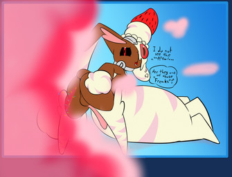 anthro balls black_sclera blue_background blue_border border brown_body brown_fur butt cotton_tail cybernetics ellipsis fart fart_cloud floppy_ears food fruit fur genitals gradient_background gynomorph hand_on_butt hand_on_own_butt intersex long_penis looking_at_viewer looking_back looking_back_at_viewer machine open_mouth penis pink_body pink_fart_cloud pink_fur plant red_eyes simple_background solo sprinkles strawberry talking_to_viewer text thought_bubble white_body white_fur rakugaki_(artist) nintendo pokemon merengue_(rakugaki) alcremie cyborg generation_4_pokemon generation_8_pokemon hybrid lopunny pokemon_(species) strawberry_sweet_alcremie vanilla_cream_alcremie english_text hi_res