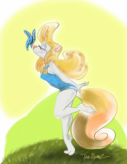3_toes 4_fingers alternate_costume anthro barefoot big_tail biped blonde_hair blue_clothing blue_eyes blue_overalls blue_wings clothed clothed_anthro clothed_female clothing eyebrows eyelashes feet female female_anthro fingers fully_clothed fully_clothed_anthro fully_clothed_female fur grass hair long_hair long_tail mouth_closed on_one_leg overalls pink_inner_ear pink_nose plant slim small_waist solo solo_focus standing tail tiptoes toes toony white_body white_fur wings dave_alvarez animaniacs warner_brothers minerva_mink arthropod butterfly insect lepidopteran mammal mink mustelid musteline true_musteline 2025 digital_drawing_(artwork) digital_media_(artwork) hi_res signature