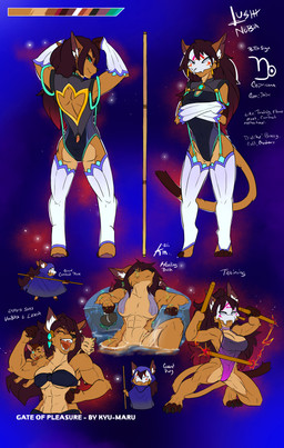 anthro brown_body brown_fur clothing female fur gem green_eyes hair mask multicolored_hair muscular reff scar solo staff text kyu-maru lushy_(kyu-maru) canid canine canis felid hybrid jackal lion mammal pantherine absurd_res english_text hi_res