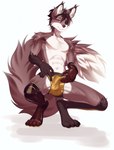 anthro bulge clothed clothing countershade_face countershade_fur countershade_torso countershading crouching detailed_bulge dipstick_tail eye_patch eyewear fur genital_outline hair male markings penis_outline red_eyes simple_background solo tail tail_markings topless white_background rokito canid canine fox mammal absurd_res digital_media_(artwork) hi_res shaded