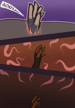 3_panel_comic 5_fingers anthro black_body black_fur duo fingers fur hand_focus male male/male phasing phasing_through_another text king_slabu adrian_(king_slabu) nolan_(king_slabu) american_opossum canid canine canis domestic_dog mammal marsupial spirit virginia_opossum absurd_res comic digital_media_(artwork) english_text hi_res