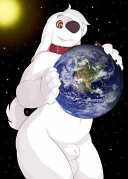 anthro collar earth holding_planet macro male nude paws piercing planet solo space sun terra_macro seth-iova family_guy jasper_(family_guy) canid canine canis domestic_dog mammal