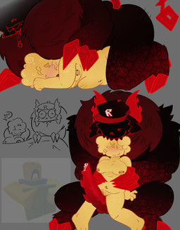 2_horns abdominal_bulge animal_genitalia animal_penis another_round anthro anthro_penetrating anthro_penetrating_human asking_for_more bed big_penis biped black_body black_fur blush bodily_fluids breasts cheek_tuft claws clitoris clothing crying curly_hair drooling duo facial_tuft fangs female female_penetrated from_behind_position fur furniture genital_fluids genitals gradient_fur grey_background hair hat hat_only headgear headgear_only headwear headwear_only holding_partner hooves horn huge_penetration human_on_anthro human_penetrated humor imminent_sex interspecies long_tail looking_at_genitalia looking_at_penis male male/female male_penetrating male_penetrating_female medium_breasts monotone_body mostly_nude multicolored_body multicolored_fur navel navel_piercing neck_tuft nervous nipple_piercing nipples on_bed open_mouth penetration penile_spines penis piercing precum red_body red_fur red_penis saliva scar self-harm_scars sex simple_background sitting size_difference smaller_penetrated sweat sweatdrop tail tears teeth tuft two_tone_body two_tone_fur unguligrade yellow_body yellow_skin burningb forsaken_(roblox) guest_666_(forsaken) noob_(forsaken) noob_(roblox) demon human mammal robloxian unknown_species 2025 hi_res nonbinary_(lore)