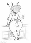 absurd_res anthro apron bagelcollector butt clothed clothing felid feline female greyscale hair hi_res inside lynx mammal mature_anthro mature_female monochrome rear_view sketch slightly_chubby solo standing thick_thighs