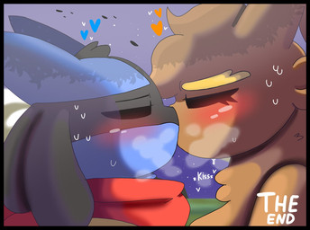 anthro black_body black_border black_fur blue_body blue_fur blush border brown_body brown_fur duo eyes_closed female fur kissing male male/female red_scarf scarf side_view yellow_body yellow_fur woflgame nintendo pokemon generation_4_pokemon lopunny lucario pokemon_(species) hi_res