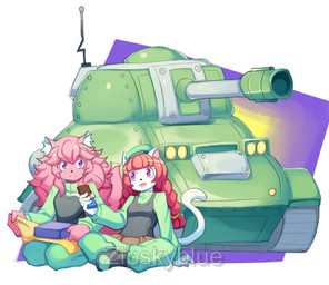 anthro candy chocolate dessert female food fur pink_body pink_fur tank_(vehicle) vehicle white_body white_fur zipskyblue hanako_(zipskyblue) kyoko_(zipskyblue) felid feline mammal absurd_res hi_res