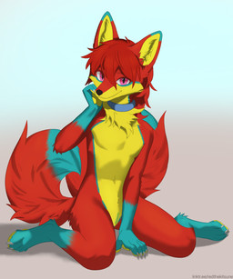 animal_genitalia anthro black_nose blue_collar blue_hands blue_markings blue_tail_tip claws collar dipstick_tail fur genital_slit genitals hair hand_on_face inner_ear_fluff kneeling male markings medium_hair multi_tail multicolored_body multicolored_fur pawpads pink_eyes pupils red_body red_hair red_tail simple_background sitting slit_pupils solo tail tail_markings tuft white_claws yellow_body yellow_inner_ear_fluff yellow_pawpads red_the_kitsune red_(red_the_kitsune) canid canine fox mammal 2025 digital_media_(artwork) hi_res line_art shaded watermark