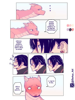 black_hair blush dialogue ellipsis embarrassed empty_eyes female feral hair horn laugh long_hair male nose_scar open_mouth red_body red_scales scales short_horn side_view simple_background small_horn speech_bubble text white_background darkus_art mythology dragon human mammal mythological_creature mythological_scalie scalie comic hi_res spanish_text translated