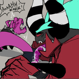 anthro arched_back big_teeth blue_hair blush blush_lines bodily_fluids bracelet claws cunnilingus duo eyebrows genitals hair horn intersex intersex/male jewelry male muscular muscular_male oral pink_body pink_skin pink_tongue purple_claws red_body red_skin saliva sex sharp_teeth size_difference skinny_male speech_bubble spiked_bracelet spikes spikes_(anatomy) striped_horn stripes teeth thick_eyebrows tongue tongue_out vaginal vulva spiceskeleton asian_mythology east_asian_mythology japanese_mythology mythology sega sonic_the_hedgehog_(series) the_deadly_six zavok zazz demon horned_humanoid humanoid oni yokai zeti zeti_(species) hi_res trans_(lore) trans_man_(lore)