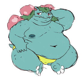anthro belly blunt clothed clothing drugs feet female fingers flower generation green_body green_skin nipples overweight overweight_anthro overweight_female plant simple_background solo tail thong toes topless topless_female underwear white_background yellow_clothing yellow_thong yellow_underwear pocket-deer-art nintendo pokemon generation_1_pokemon pokemon_(species) venusaur