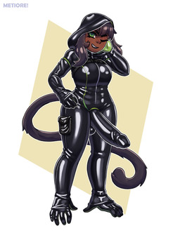 anthro big_penis clothing condom_suit erection feet genitals green_eyes gynomorph hand_on_cheek hand_on_hip intersex latex latex_clothing latex_skinsuit penis prehensile_feet prehensile_tail simple_background skinsuit smug_expression solo tail tight_clothing toes metiore sun_jade haplorhine mammal monkey primate absurd_res hi_res