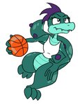 3_toes anthro basketball black_eyes blue_body blue_skin bottomless clothed clothing feet female hair holding_object looking_up multicolored_body purple_hair shirt simple_background solo spiked_tail spikes spikes_(anatomy) tail tank_top toes topwear white_background white_clothing white_shirt white_topwear sarcolopter catie_the_caiman alligatorid caiman crocodilian reptile scalie colored