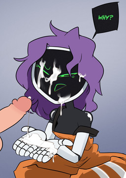 bodily_fluids clothed clothing cum cum_drip cum_on_face cum_on_hand cum_string dialogue disembodied_penis dripping duo erection female female_focus genital_fluids genitals hair human_on_humanoid humanoid_genitalia humanoid_penis interspecies machine male male/female not_furry off_shoulder overalls penis purple_hair screen screen_face solo_focus text unwanted_cum_on_body joshin chaz_dono_and_friends maase android human humanoid mammal robot robot_humanoid 2021 digital_media_(artwork) english_text hi_res