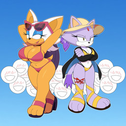 anthro big_breasts big_ears black_nose blue_background blue_eyeshadow breasts clothing crossed_arms dipstick_tail duo eyeshadow eyewear eyewear_on_head feet female footwear forehead_gem front_view fur gem green_eyes hands_behind_head hat headgear headwear makeup markings navel orange_body orange_fur pink_clothing pink_swimwear purple_body purple_fur sandals shoes simple_background smile sun_hat sunglasses sunglasses_on_head swimwear tail tail_markings thick_thighs white_body white_fur wide_hips yellow_eyes jeanart sega sonic_the_hedgehog_(series) blaze_the_cat rouge_the_bat bat domestic_cat felid feline felis mammal 1:1 hi_res