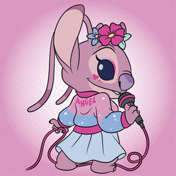 4_fingers antennae_(anatomy) antennae_markings anthro blue_bottomwear blue_clothing blue_eyes blue_skirt blue_tongue bottomwear claws clothing dotted_background ear_markings electronics eyelashes eyeshadow facial_markings female finger_claws fingers flower_on_head gradient_background head_markings heart_symbol holding_microphone holding_object jacket long_antennae looking_at_viewer looking_back looking_back_at_viewer makeup markings microphone pattern_background pink_body purple_claws purple_nose simple_background skirt solo sparkling_jacket standing text text_on_clothing text_on_jacket text_on_topwear tongue topwear unknown_artist disney glitter_glide lilo_and_stitch angel_(lilo_and_stitch) alien experiment_(lilo_and_stitch) 1:1 character_name official_art