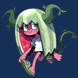 2_horns ambiguous_gender clothing food footwear freckled_face freckles fruit green_pseudo_hair horn leaf melon plant plant_hair pseudo_hair red_body red_skin sandals shirt shoes solo t-shirt tail topwear walking watermelon discount-supervillain elemental_creature elemental_humanoid flora_fauna food_creature food_humanoid fruit_humanoid humanoid living_fruit living_watermelon plant_humanoid 1:1 alpha_channel